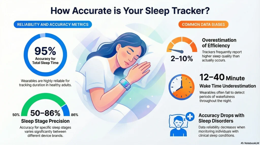 sleep-tracker-accuracy-metrics-infographic Infographic explaining sleep tracker accuracy, showing reliability of total sleep time, variability in sleep stage precision, and common data biases like overestimated efficiency.