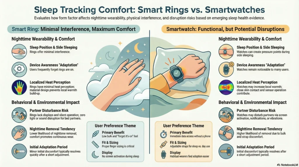 sleep-tracking-comfort-smart-rings-vs-smartwatches Infographic comparing sleep tracking comfort of smart rings versus smartwatches during nighttime wear and side sleeping.