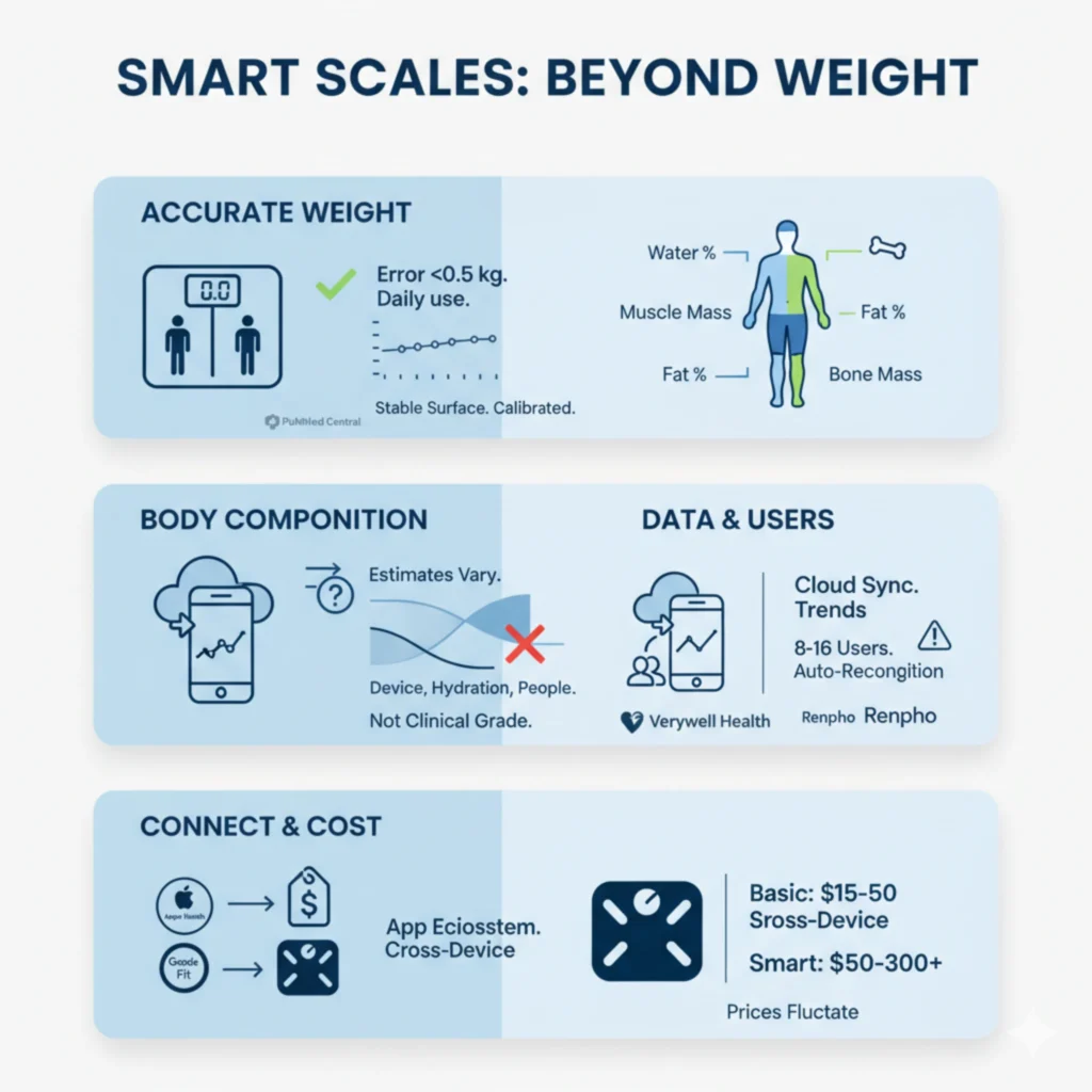 smart-scales-beyond-weight-features-infographic-2026 Infographic explaining smart scale features including weight accuracy, body composition estimates, app syncing, multi user tracking, and price ranges.