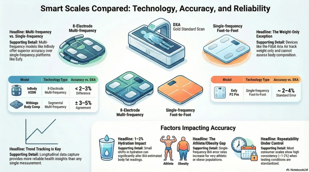 smart-scales-compared-technology-accuracy-reliability Infographic comparing smart scale technologies including 8-electrode multi-frequency, single-frequency foot-to-foot, and DXA reference scans, with accuracy ranges and factors affecting reliability.