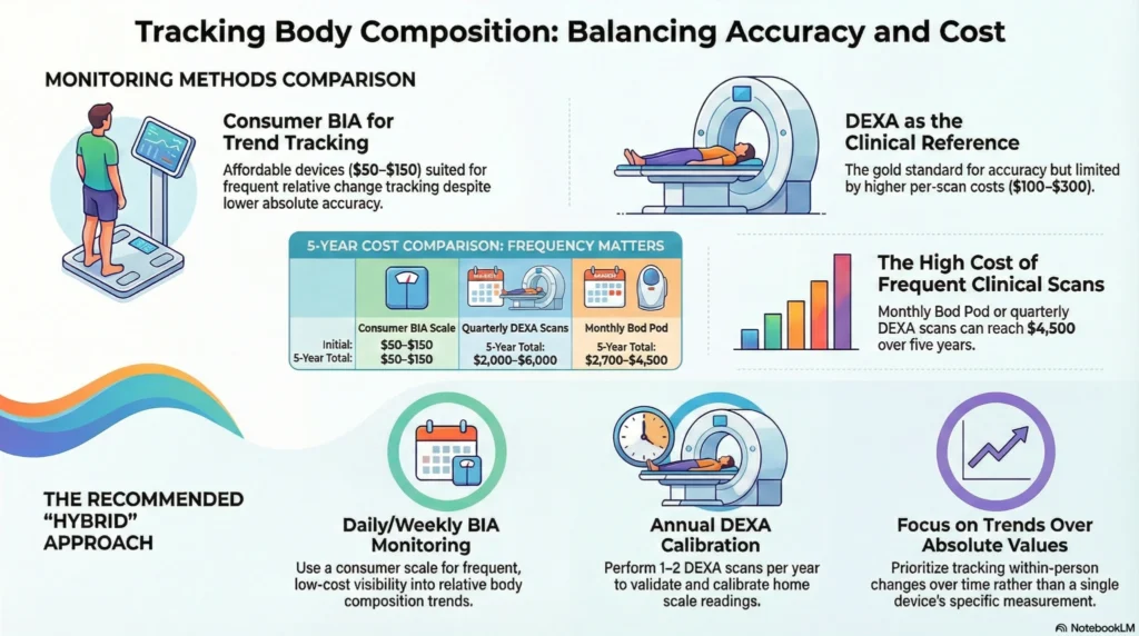 tracking-body-composition-balancing-accuracy-cost-infographic-2026 Infographic comparing consumer BIA scales and DEXA scans, showing cost differences, trend tracking benefits, and hybrid monitoring strategy using periodic clinical calibration.