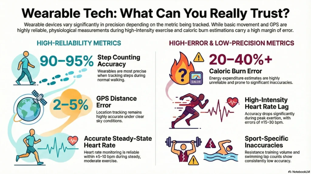 Infographic explaining which wearable health metrics are most reliable, comparing step counting, GPS distance, and steady heart rate accuracy with higher error metrics like calorie burn and high-intensity heart rate.