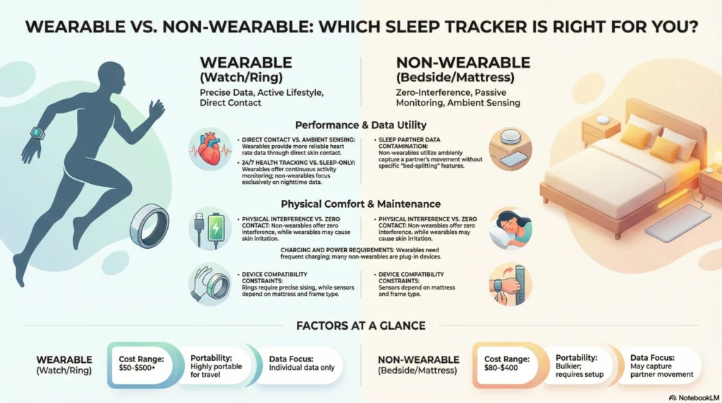 wearable-vs-non-wearable-which-sleep-tracker Infographic comparing wearable and non-wearable sleep trackers, showing differences in smart rings, smartwatches, and bedside or under-mattress sleep sensors for accuracy, comfort, and data tracking.