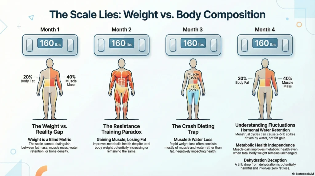 weight-vs-body-composition-infographic Infographic showing four-month comparison of weight staying at 160 lbs while body composition shifts between fat and muscle mass.