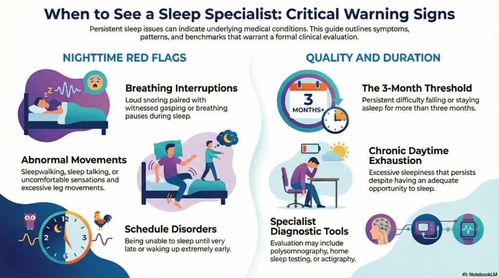 when-to-see-sleep-specialist-warning-signs-infographic Infographic outlining when to see a sleep specialist, highlighting nighttime red flags, chronic sleep duration issues, daytime exhaustion, and diagnostic evaluation triggers.