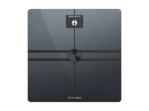 withings-body-comp-nerve-health-scale Front view of Withings Body Comp smart scale featuring nerve health assessment display and multi-sensor body composition platform in black glass finish.