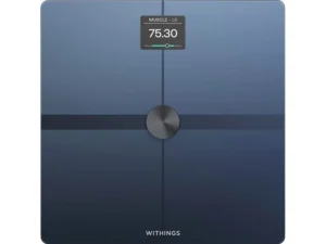 withings-body-smart-scale-blue Withings Body + smart scale in blue glass finish displaying muscle mass measurement on digital screen.