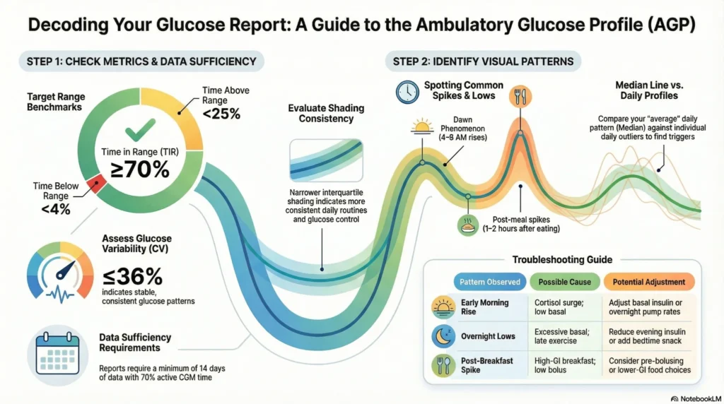 ambulatory-glucose-profile-agp-guide Infographic explaining how to interpret an ambulatory glucose profile report, including time in range, glucose variability, and pattern recognition