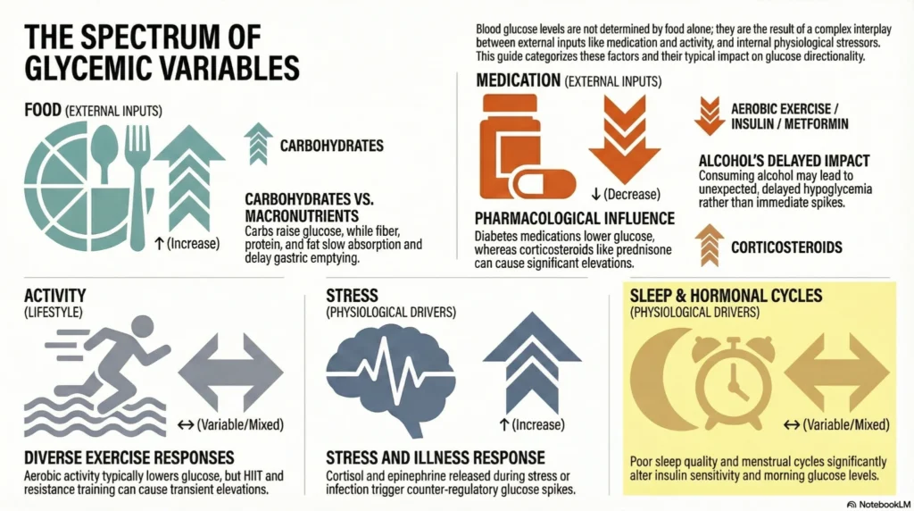 glycemic-variables-spectrum Infographic showing factors that influence blood glucose levels, including food, carbohydrates, exercise, stress, sleep cycles, and medications like insulin and corticosteroids