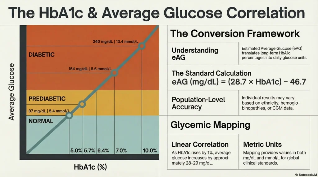 hba1c-average-glucose-correlation Infographic showing the relationship between HbA1c percentage and average glucose levels, including eAG conversion formula and diabetes risk categories