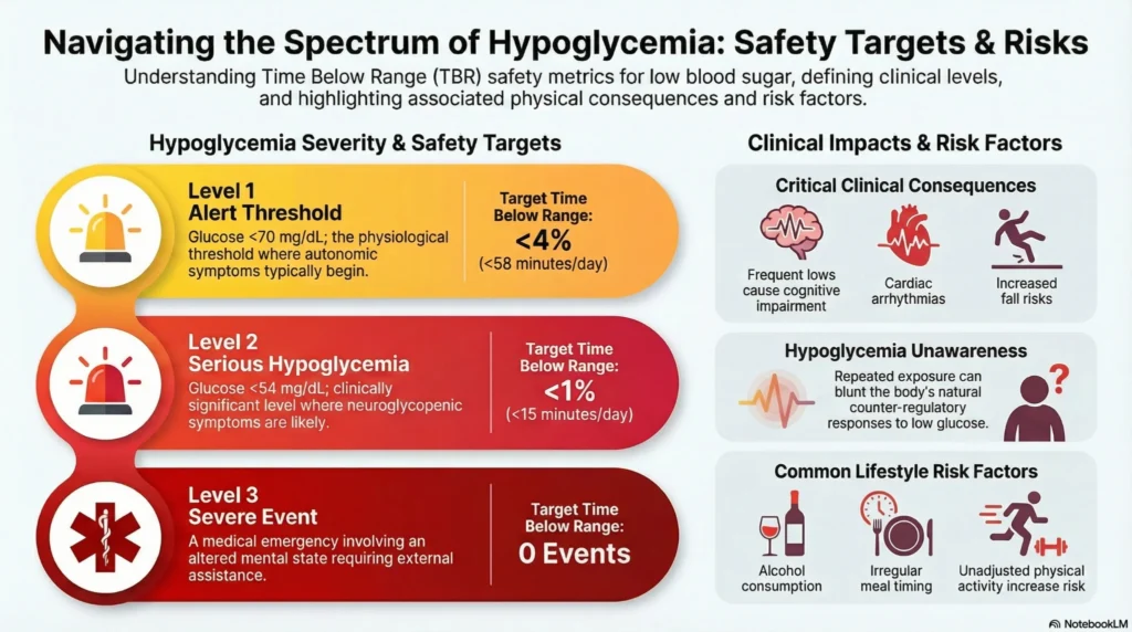 hypoglycemia-spectrum-safety-targets Infographic showing hypoglycemia severity levels, time below range targets, and associated clinical risks such as cognitive impairment and cardiac arrhythmias