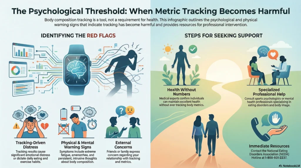 psychological-threshold-metric-tracking-harm Infographic outlining psychological and physical warning signs that body composition or fitness tracking has become harmful.