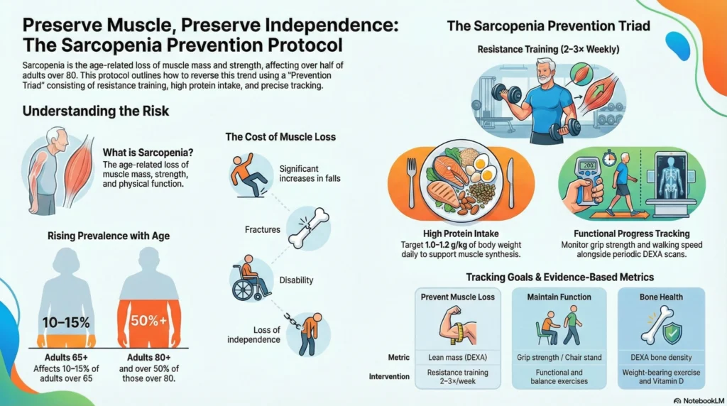sarcopenia-prevention-protocol-infographic Infographic explaining sarcopenia prevention protocol including resistance training, protein intake, DEXA tracking, and fall risk reduction in older adults.
