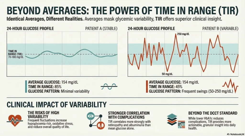 time-in-range-variability-impact Infographic comparing two patients with identical average glucose but different time in range, highlighting glycemic variability and its clinical impact