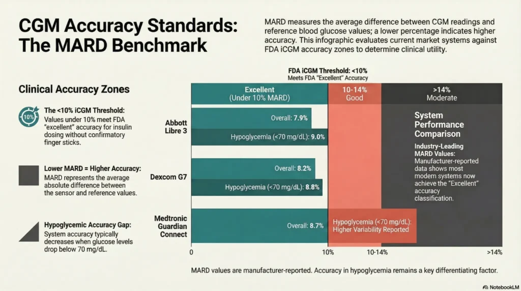 Infographic showing CGM accuracy standards using MARD values, FDA thresholds, and comparison of devices including Libre 3, Dexcom G7, and Medtronic Guardian