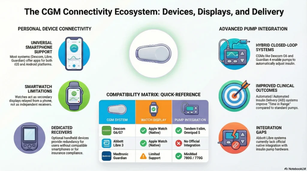 Infographic showing CGM connectivity ecosystem including smartphone apps, smartwatch displays, dedicated receivers, and insulin pump integration
