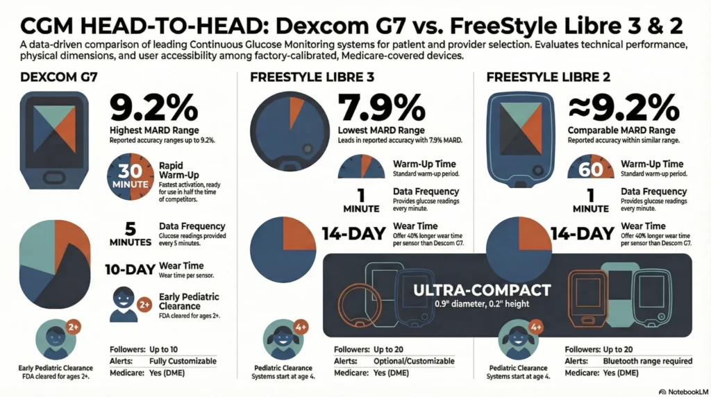 Infographic comparing Dexcom G7, FreeStyle Libre 3, and Libre 2 continuous glucose monitors, including accuracy, wear time, data frequency, and features