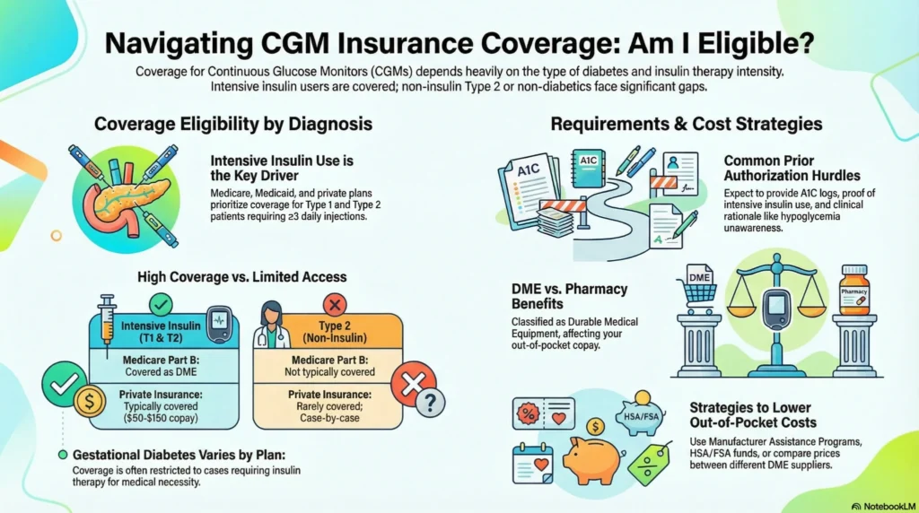 Infographic explaining CGM insurance coverage eligibility, including insulin use criteria, Medicare rules, prior authorization, and cost strategies