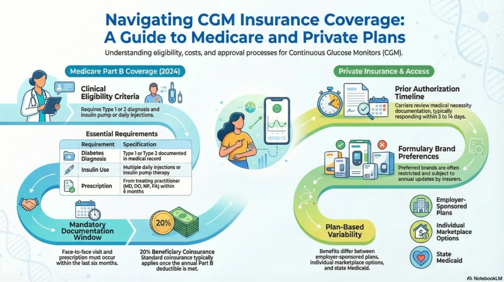 cgm-insurance-medicare-private-guide Infographic explaining CGM insurance coverage under Medicare Part B and private insurance, including eligibility criteria, prior authorization, and cost factors
