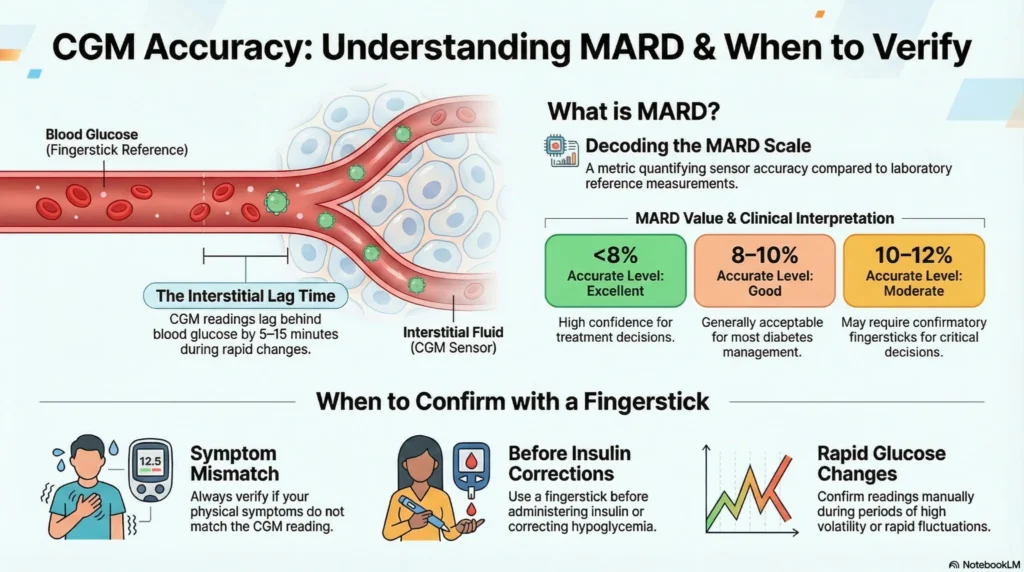 cgm-mard-accuracy-verification Infographic explaining CGM accuracy using MARD values, interstitial lag time, and situations when fingerstick verification is needed