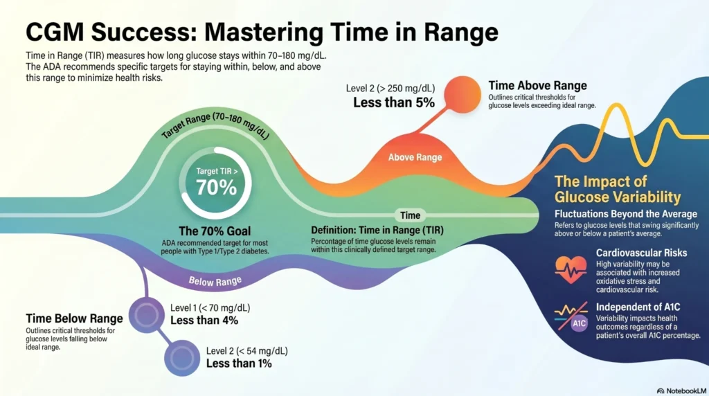 cgm-time-in-range-infographic infographic explaining CGM time in range targets glucose variability and recommended thresholds