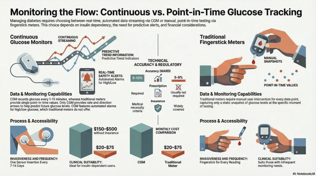 cgm-vs-fingerstick-flow-comparison Infographic comparing continuous glucose monitoring with fingerstick testing, highlighting real-time data, predictive alerts, accuracy, and usability differences