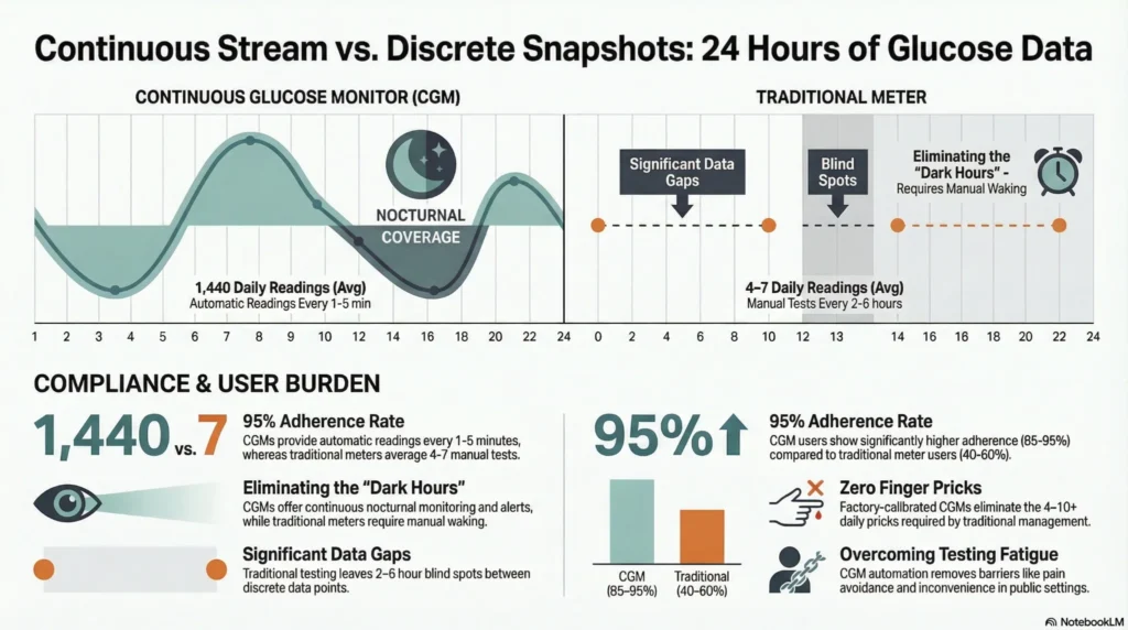 Infographic to compare glucose monitors such as continuous glucose monitoring with traditional fingerstick testing, showing differences in data frequency, adherence, and glucose tracking accuracy