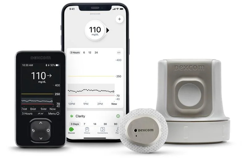 dexcom-cgm-device-display Dexcom G7 continuous glucose monitor showing sensor, receiver, and smartphone app with real-time glucose readings and trend graph