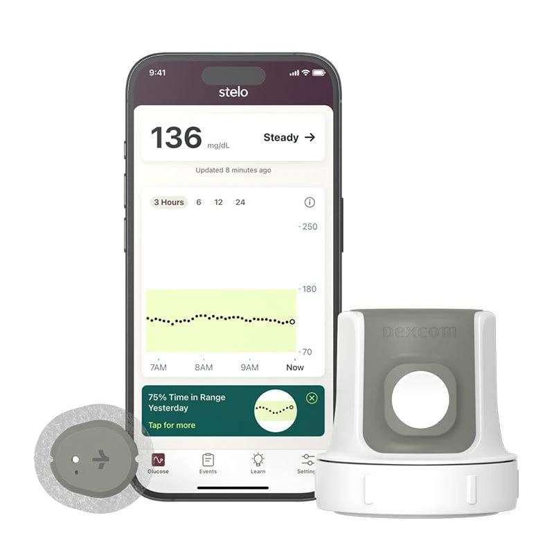 dexcom-stelo-cgm-app-sensor Dexcom Stelo app displaying glucose levels on smartphone with wearable CGM sensor device