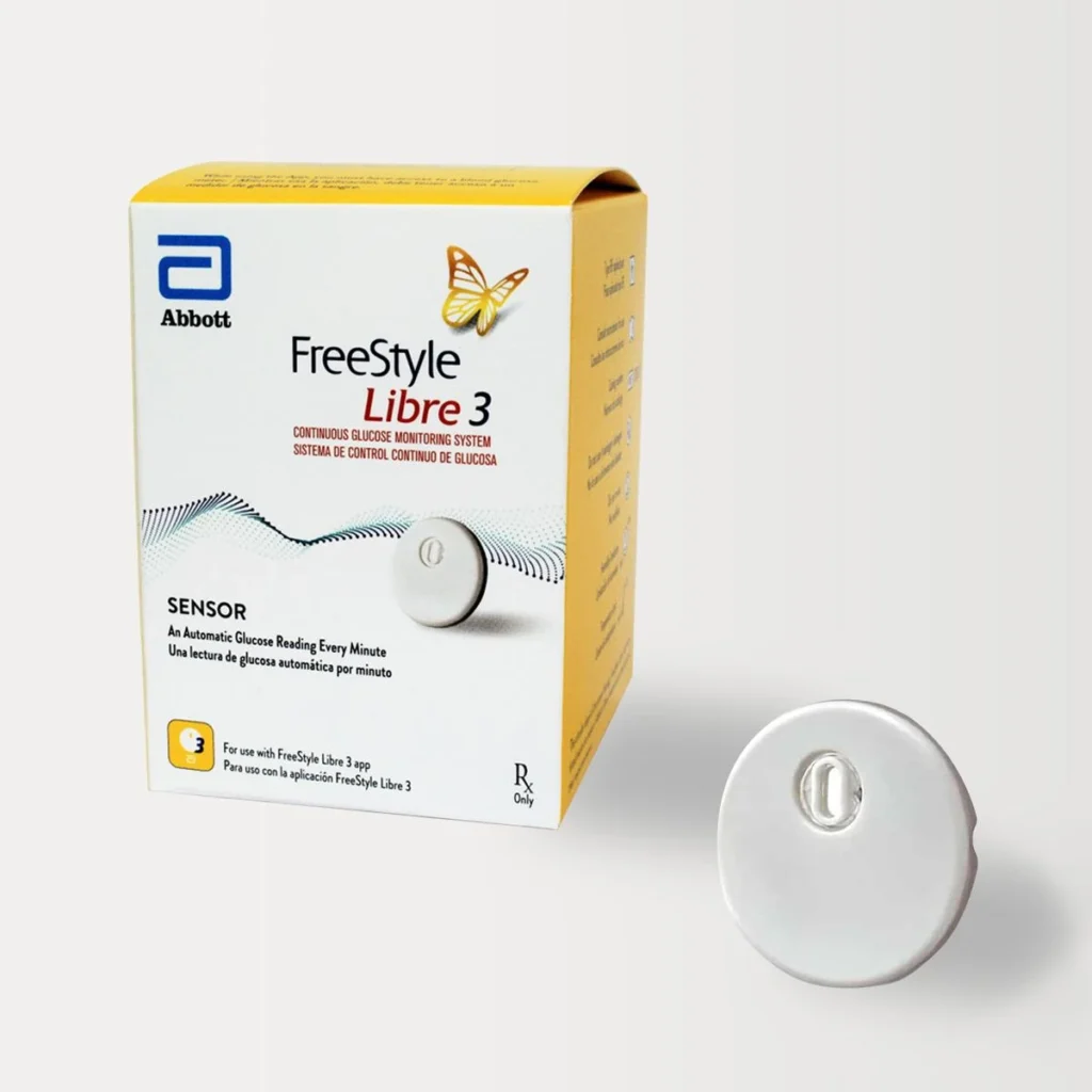 freestyle-libre-3-cgm-sensor FreeStyle Libre 3 continuous glucose monitoring sensor with product box by Abbott