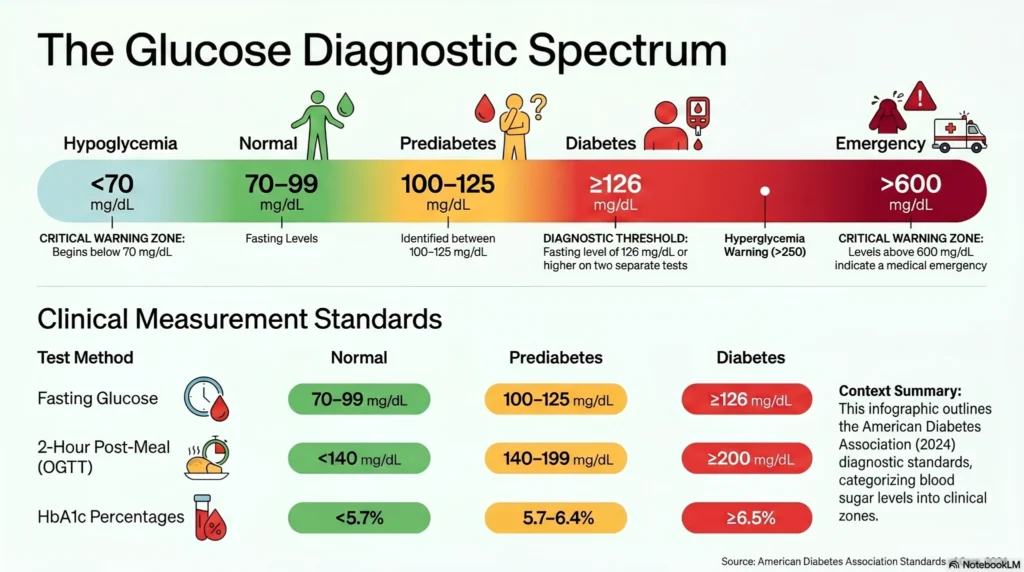 glucose-diagnostic-spectrum-infographic infographic showing glucose diagnostic spectrum from hypoglycemia to diabetes with clinical measurement standards