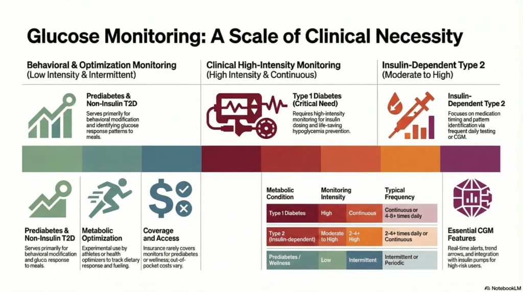 glucose-monitoring-clinical-necessity-scale Infographic showing the scale of glucose monitoring from low-intensity behavioral tracking to high-intensity continuous monitoring for diabetes