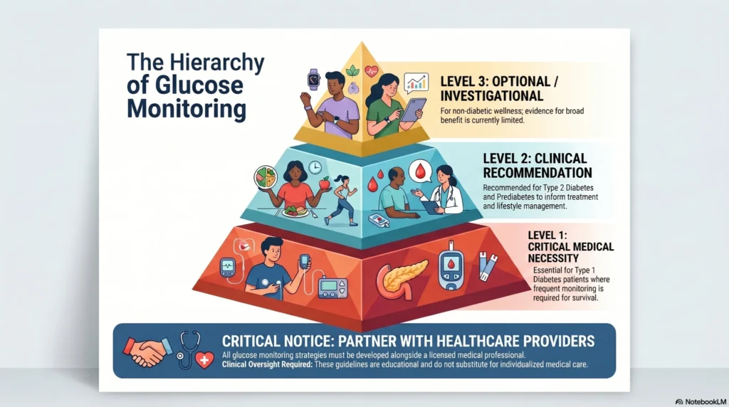 glucose-monitoring-hierarchy-infographic infographic showing hierarchy of glucose monitoring levels from medical necessity to optional wellness tracking
