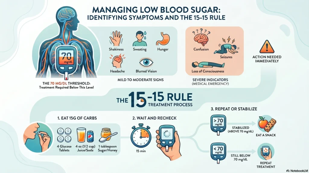 low-blood-sugar-15-15-rule-infographic infographic showing hypoglycemia symptoms and 15-15 rule treatment for low blood sugar