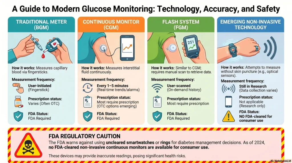 modern-glucose-monitoring-guide-infographic infographic comparing traditional glucose meter, continuous glucose monitor, flash glucose monitoring, and non-invasive glucose technology