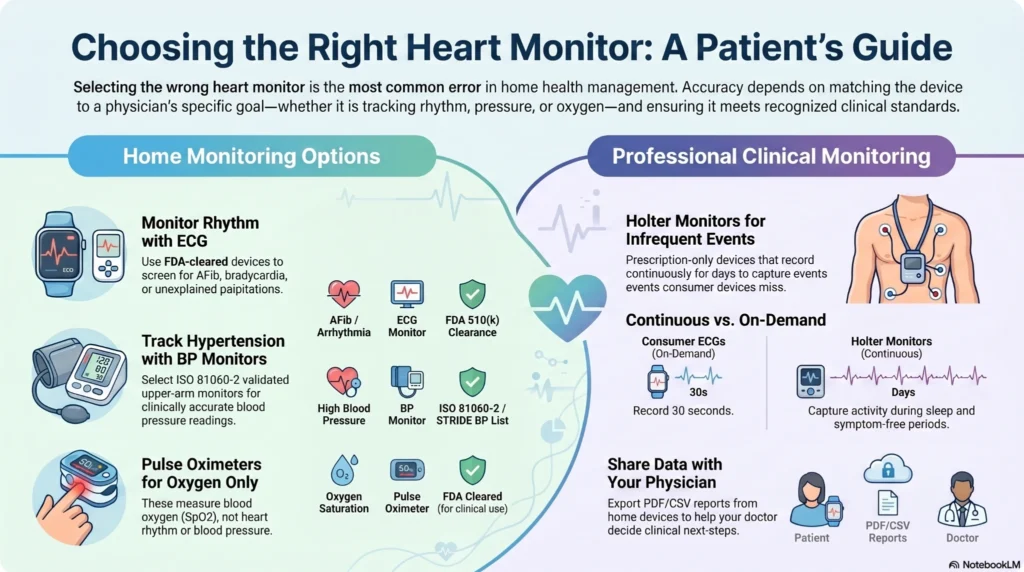 Choosing_the_Right_Heart_Monitor Decision tree flow chart matching heart monitoring goals like AFib screening and HIIT to optimal wearable device form factors.