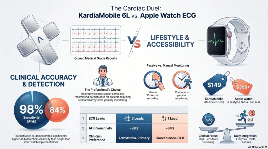 Comparing_ECG_Monitoring_Devices Anatomical vector comparison matrix displaying Apple Watch single-lead ECG pathways vs KardiaMobile 6L six-lead vector fields across the limbs and chest for medical atrial fibrillation detection.