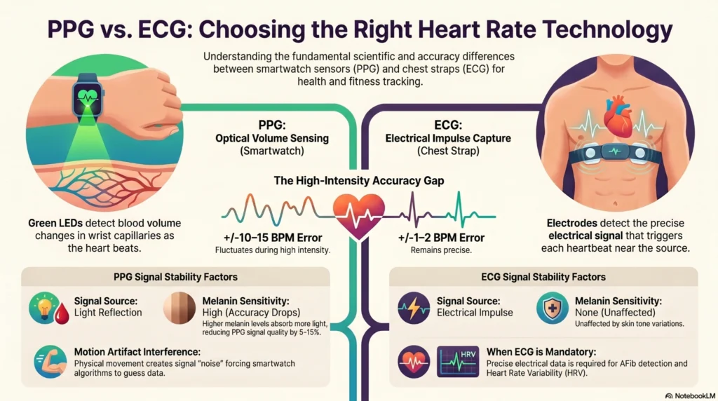 Comparing_Heart_Rate_Tracking_Technologies Diagram comparing ECG chest strap electrical tracking across the chest vs smartwatch PPG light sensors measuring blood volume changes in the wrist.