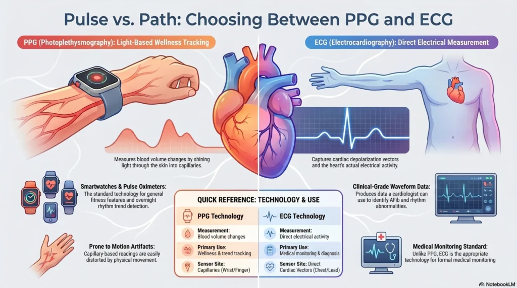 Comparing_PPG_and_ECG_Technologies Medical diagram comparing PPG optical light reflection in blood vessels with ECG skin-surface electrical microvolt heart tracking.