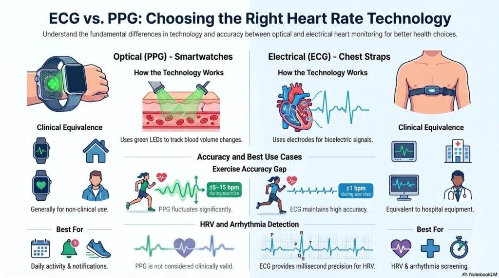 ECG_vs._PPG_Comparison Conceptual diagram comparing ECG heart node electrical microvoltage tracking via chest strap vs smartwatch PPG optical sensor green LED light absorption in skin capillaries.