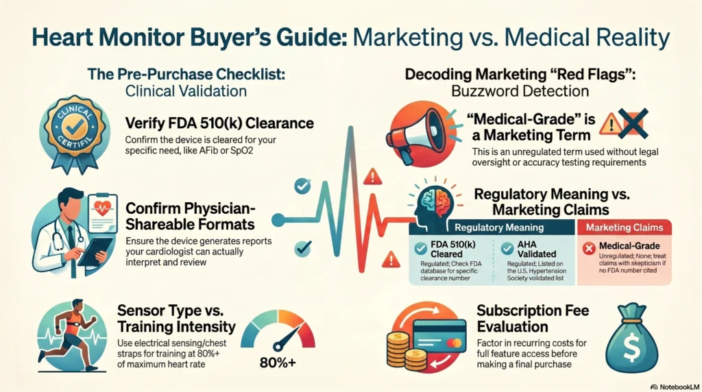 Heart_Monitor_Buyer_s_Guide Flowchart decision tree detailing a buying checklist for choosing between a clinical ECG monitor or an athletic heart rate wearable based on FDA clearance, R-R intervals, and connectivity.