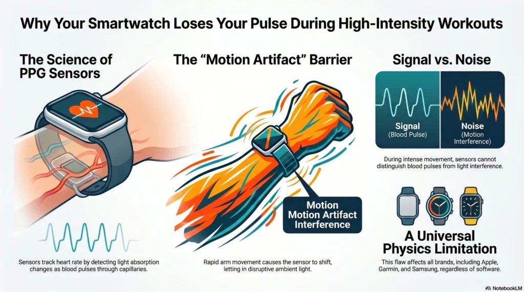 Smartwatch_Pulse_Tracking_Challenges Line graph comparing real-time heart rate tracking latency between an electrical chest strap and an optical wrist smartwatch during a 10-minute high-intensity interval training (HIIT) session.