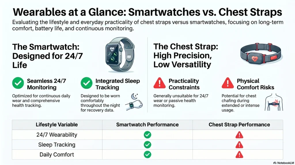 Smartwatch_and_Chest_Strap_Comparison Feature comparison matrix grid checking off daily usability, battery life, sleep tracking, and comfort metrics for chest straps versus smartwatches.
