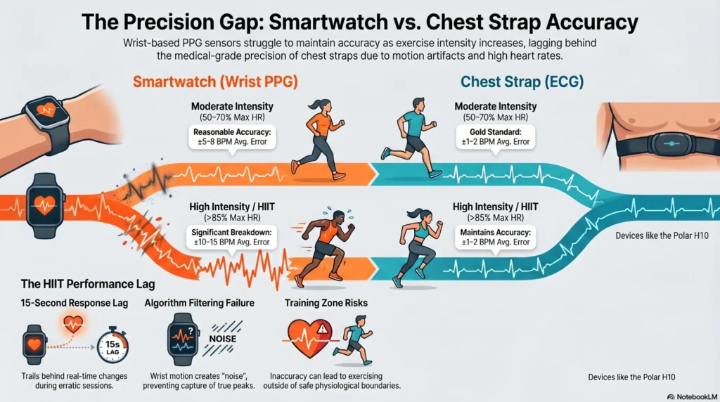 Smartwatch_vs._Chest_Strap_Accuracy Line graph comparing heart rate tracking accuracy between a chest strap and a smartwatch during a high-intensity interval training workout.