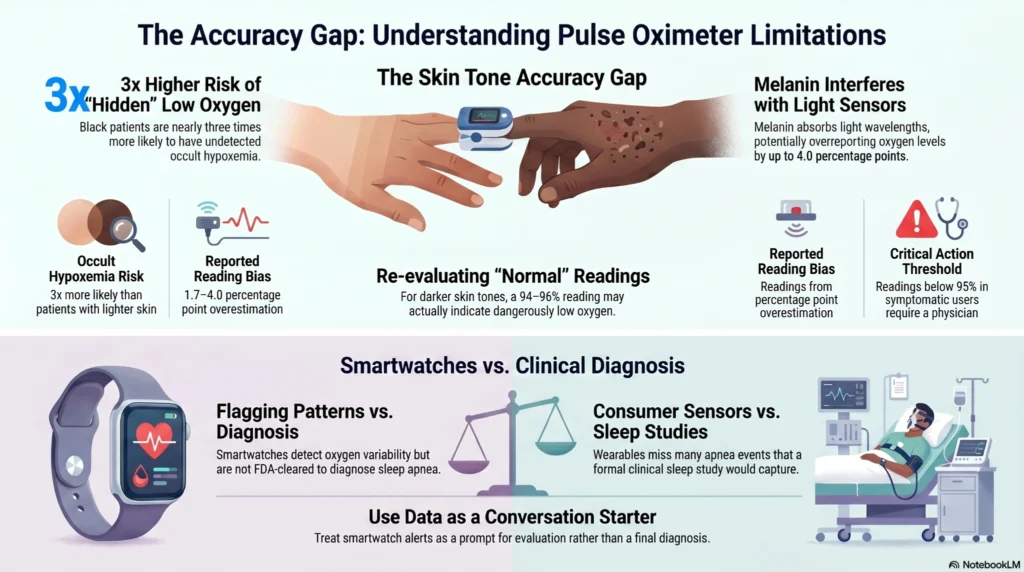 The_Pulse_Oximeter_Accuracy_Gap cientific cross-section diagram showing how melanin density in dark skin tones absorbs and scatters pulse oximeter light waves, leading to blood oxygen overestimation errors.