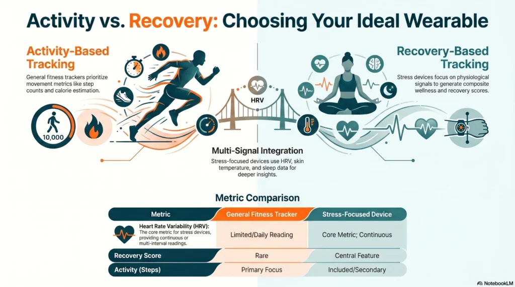 activity-vs-recovery-wearable-guide Infographic comparing activity-based fitness trackers and recovery-focused wearable devices using HRV, recovery scores, sleep tracking, and wellness metrics.