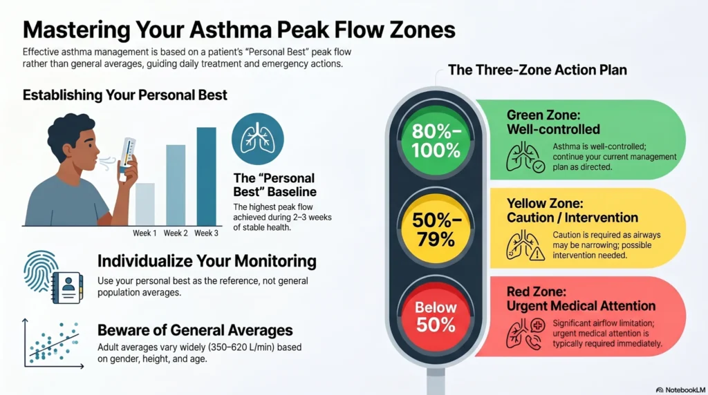 asthma-peak-flow-zones-guide Educational asthma infographic explaining peak flow zones, including green, yellow, and red asthma action plan ranges, personal best peak flow monitoring, and emergency symptom management guidance.