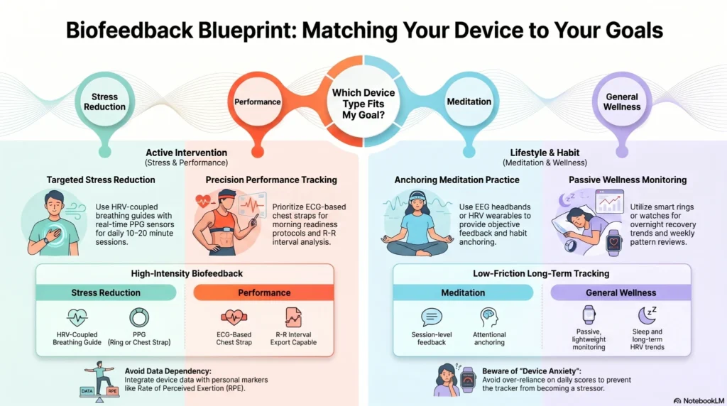 biofeedback-blueprint-device-goals-infographic infographic showing how to match biofeedback and wearable devices to stress reduction performance meditation and wellness goals