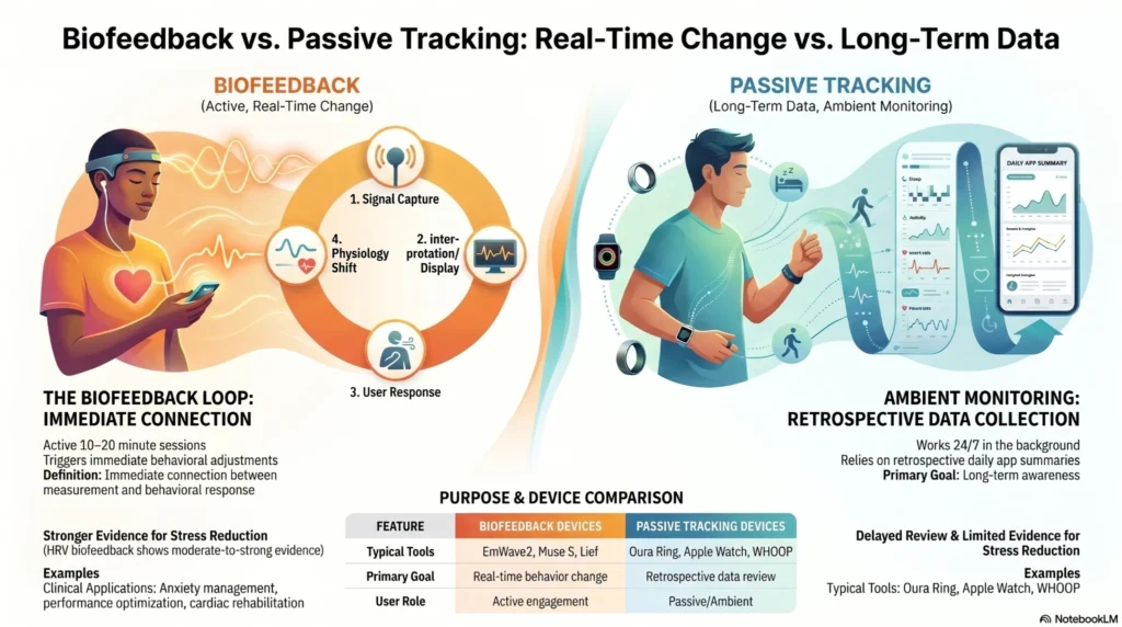biofeedback-vs-passive-tracking-infographic infographic comparing biofeedback training and passive wearable tracking for stress and physiological monitoring