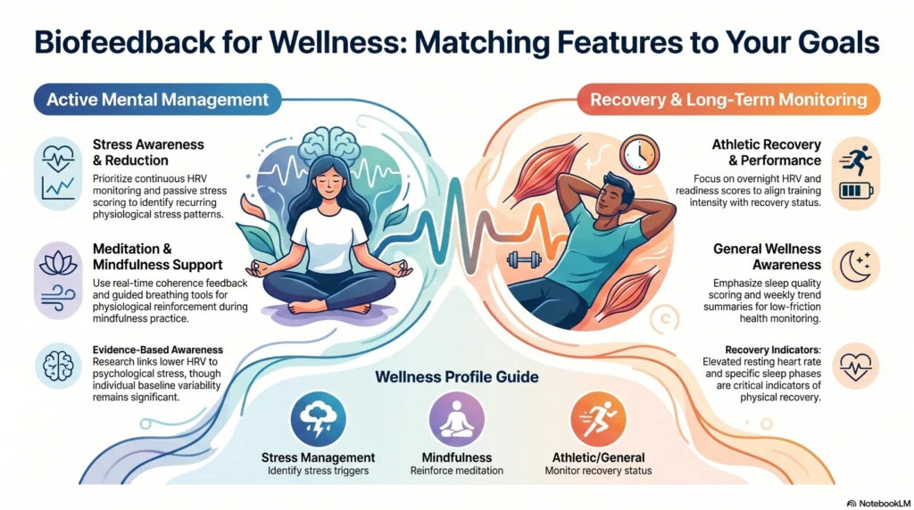 Infographic explaining biofeedback wellness features for stress management, HRV tracking, mindfulness support, athletic recovery, and long-term health monitoring.